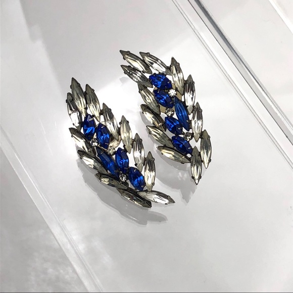 VTG BLUE CLEAR RHINESTONE “WINGED” EARRINGS - Picture 3 of 14